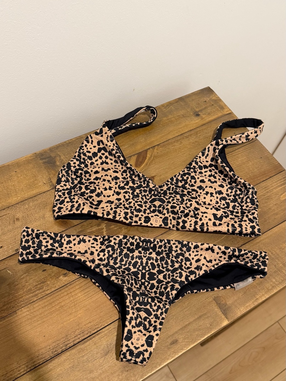 Leopard Print Tan & Black Bikini Set - Women's Two-Piece Swimwear